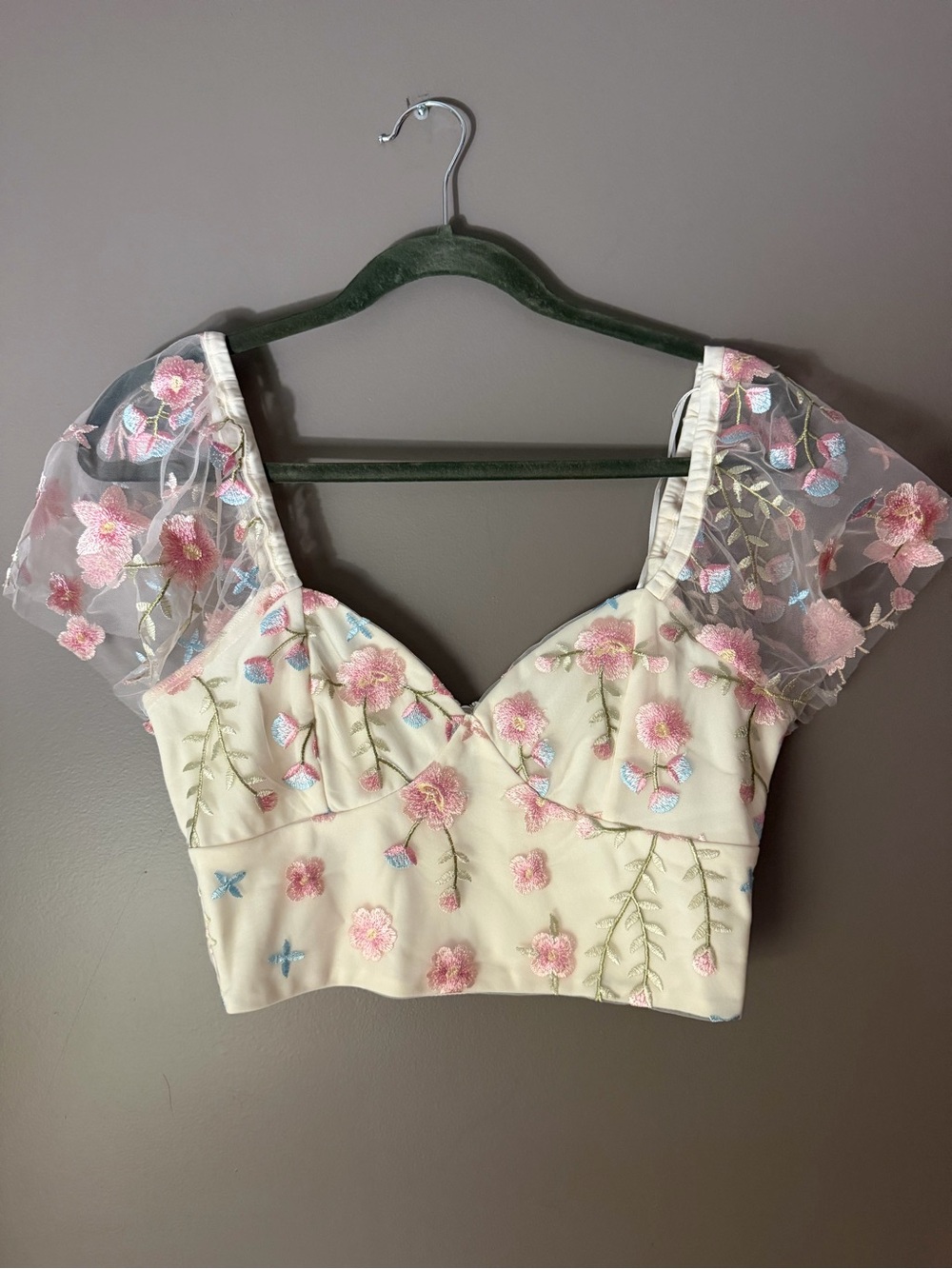 Altar'd State Ivory Cropped Floral Embroidered Top with Sheer Puff Sleeves